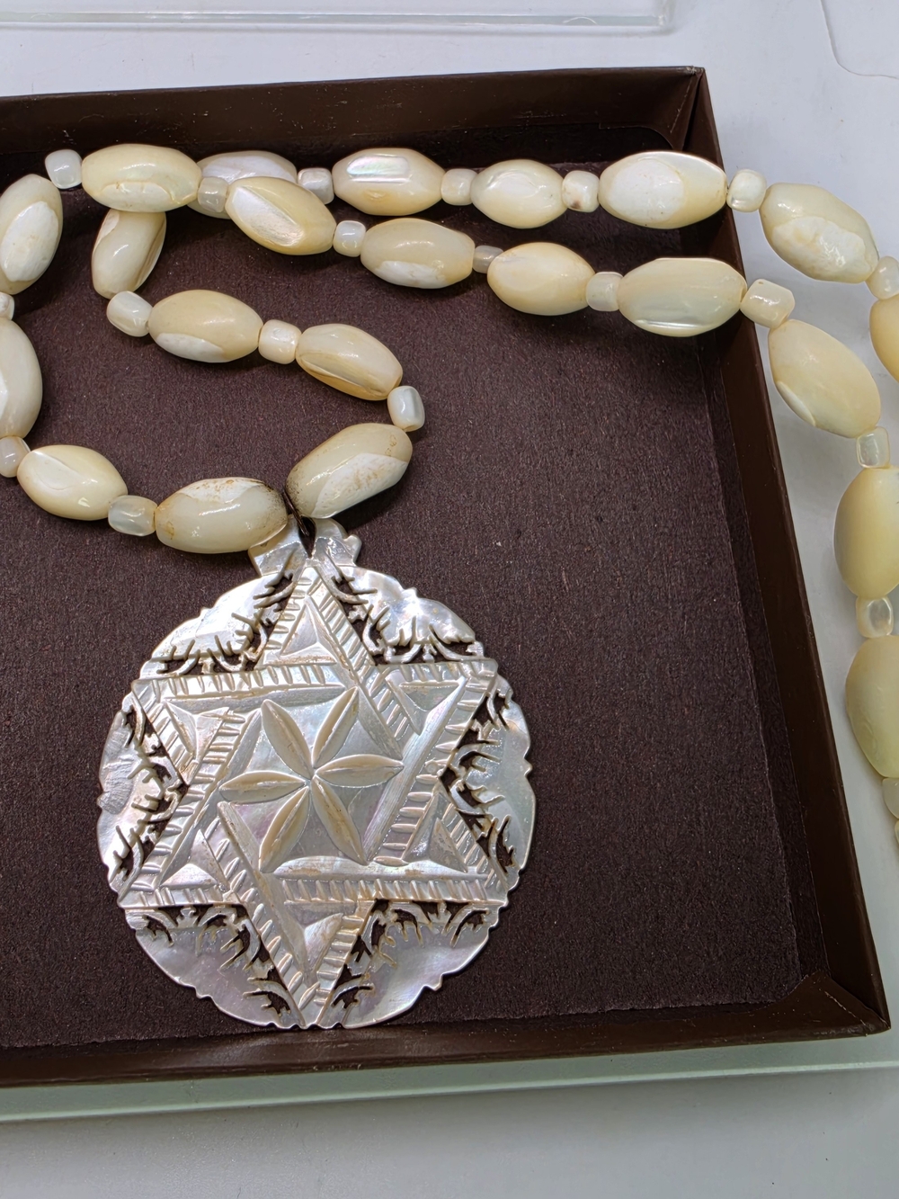 Vintage Victorian Carved Mother Of Pearl Bead Star Of David Necklace Iridescent
